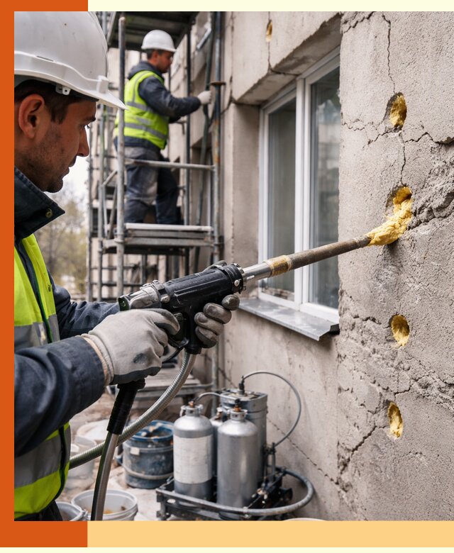 Заполнение пустот в фасаде и утепление стен в белебее