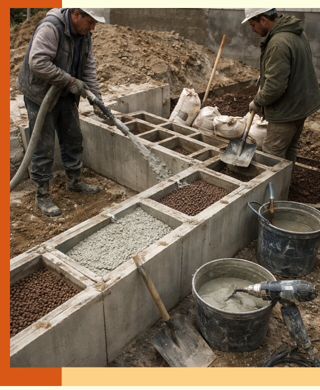 Заполнение полостей фундамента в белебее герметичным утеплением и повышением прочности